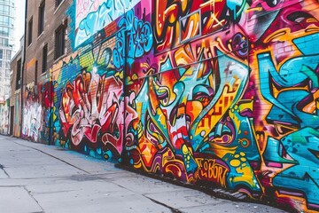 Naklejka premium Colorful Graffiti Art on Brick Wall in Urban Alleyway