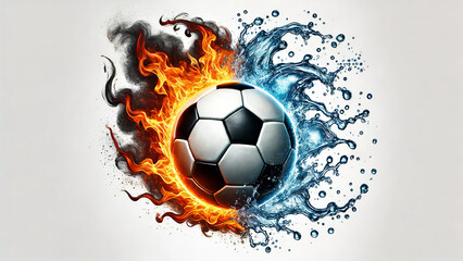 Realistic soccer ball with dramatic fire and water