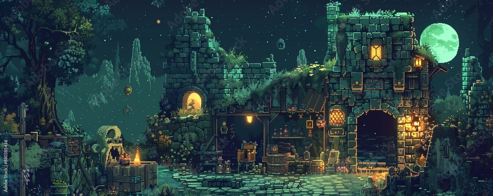 Poster a pixel art rendition of a pixelated dungeon filled with pixelated monsters and pixelated treasure, 