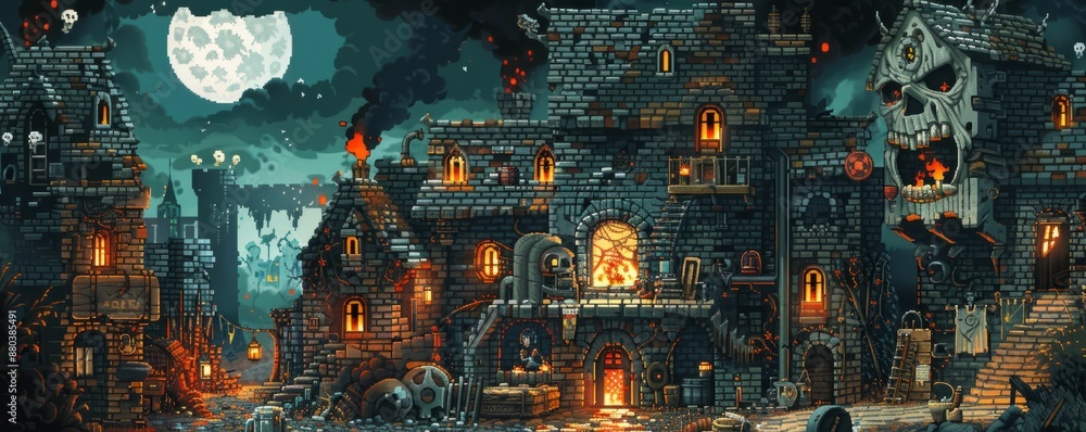 Poster a pixel art rendition of a pixelated dungeon filled with pixelated monsters and pixelated treasure, 