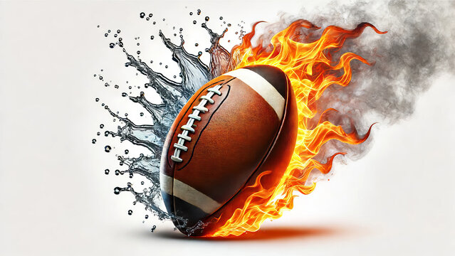 Dynamic rugby ball with flames and water - Powered by Adobe