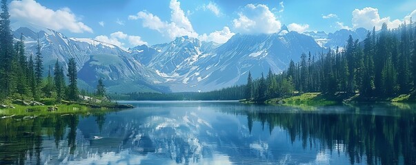 A serene mountain lake reflecting the snow-capped peaks.