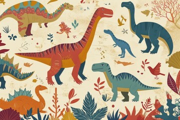 A playful pattern of dinosaurs in a prehistoric setting, AI generated