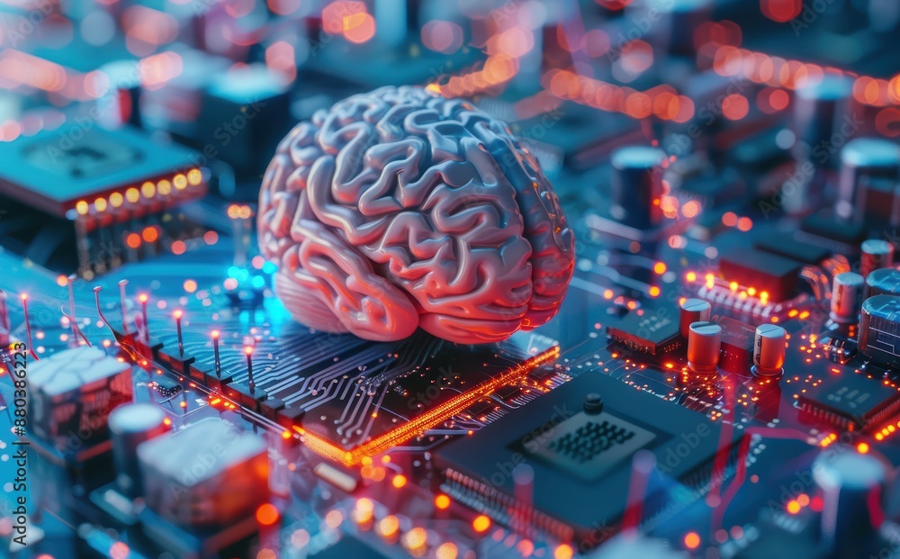 Poster 3d rendering of a human brain sitting on a circuit board, symbolizing the rapid advancement of artif