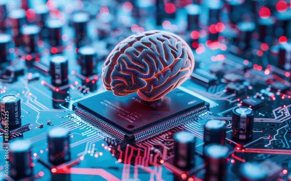 Poster digital brain hovers above a circuit board, merging artificial intelligence with human like thinking