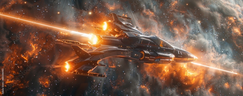 Poster sleek spaceship soaring through nebula with glowing engines and reflecting stars