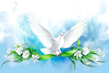 Obraz premium Flying pigeon of peace with ribbon bringing peace on blue background. Conceptual illustration symbol of no war, world peace. background for International Day of Peace.