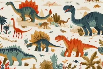 A playful pattern of dinosaurs in a prehistoric setting, AI generated