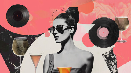champagne glass, cocktail, girls, music, vinyl, modernist, style collage art, minimalist poster