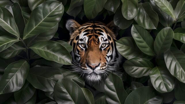 Majestic tiger face emerging from lush foliage, sharp focus, piercing eyes, high contrast, vivid colors, photorealism, 8K resolution, intense lighting, focus cover all object