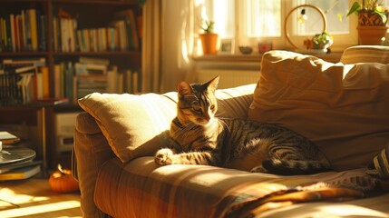 Autumn sunny weekend with a cat at home, cozy living room with warm lighting, autumn decor
