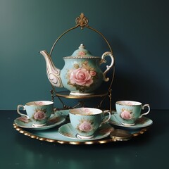 Fototapeta premium This is a beautiful vintage English bone china tea set. The set includes a teapot, four teacups, and four saucers. The pieces are decorated with pastel pink roses and have gold accents.