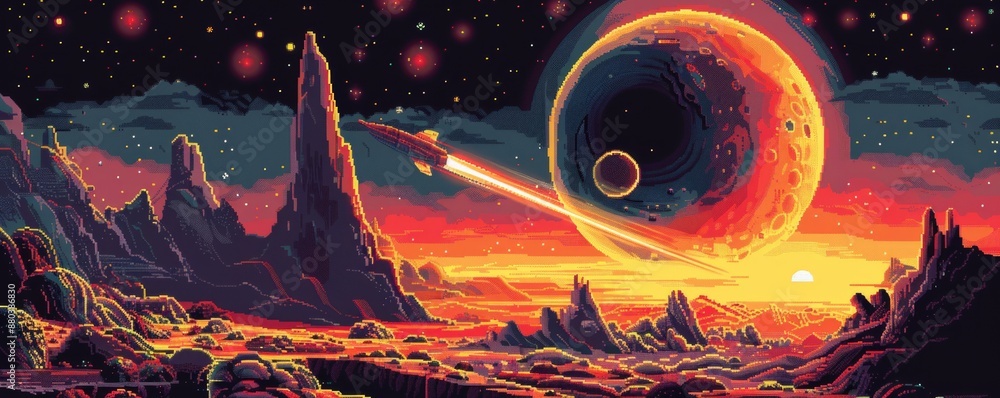 Poster a pixel art illustration of a spaceship exploring a distant planet.