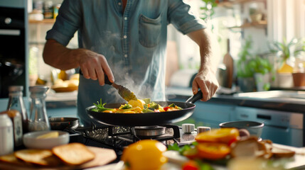 A man is frying vegetables in a frying pan on the stove. The kitchen is well equipped with a sink, oven and refrigerator. The cook is wearing a blue shirt