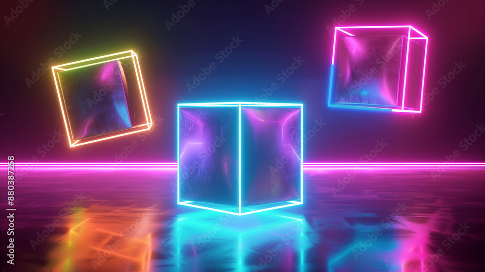 Aufkleber The 3D image presents floating boxes whose design has been enriched with intense, neon lighting. The luminous composition adds depth and dynamics, creating a scene with a futuristic expression.