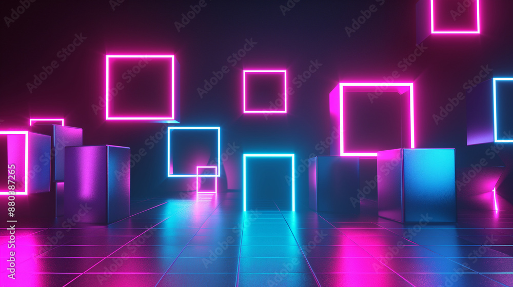 Aufkleber The 3D image presents floating boxes whose design has been enriched with intense, neon lighting. The luminous composition adds depth and dynamics, creating a scene with a futuristic expression.