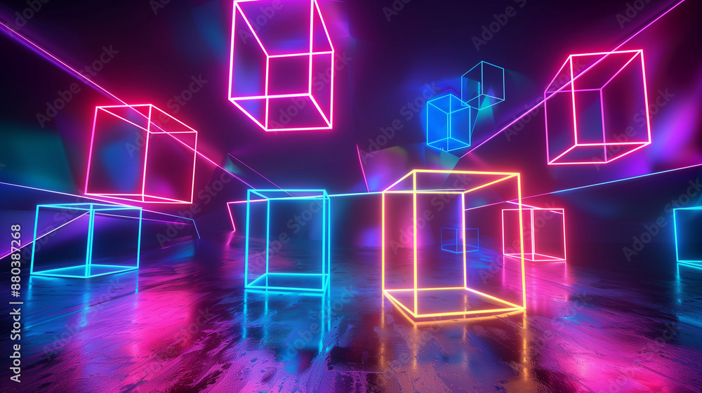Aufkleber The 3D image presents floating boxes whose design has been enriched with intense, neon lighting. The luminous composition adds depth and dynamics, creating a scene with a futuristic expression.