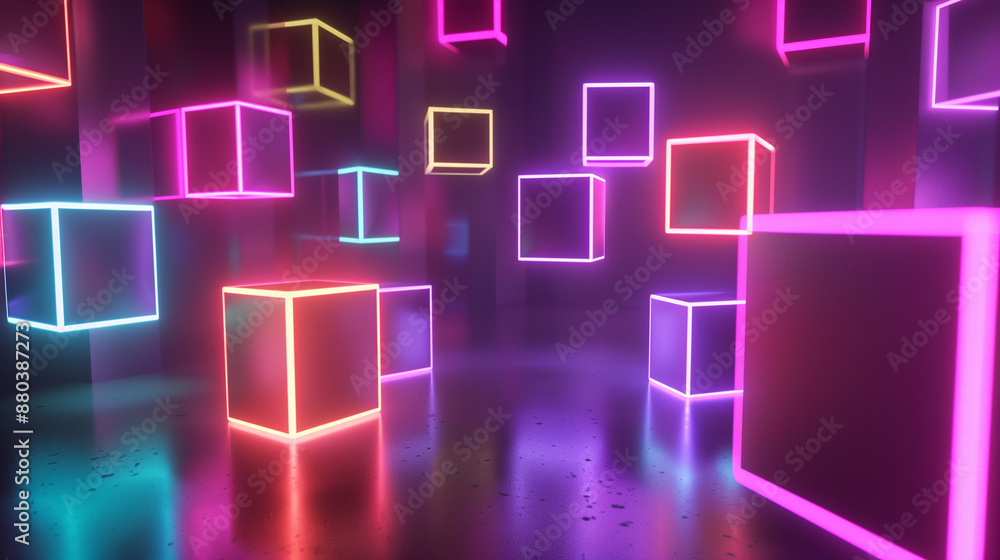 Aufkleber The 3D image presents floating boxes whose design has been enriched with intense, neon lighting. The luminous composition adds depth and dynamics, creating a scene with a futuristic expression.
