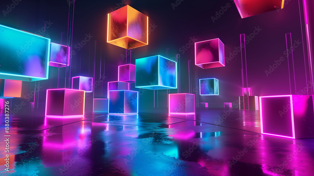 Aufkleber The 3D image presents floating boxes whose design has been enriched with intense, neon lighting. The luminous composition adds depth and dynamics, creating a scene with a futuristic expression.