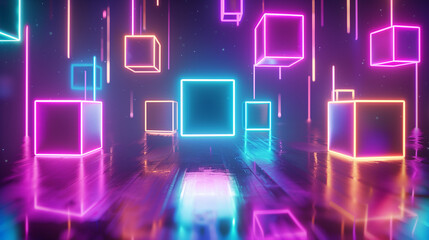 The 3D image presents floating boxes whose design has been enriched with intense, neon lighting. The luminous composition adds depth and dynamics, creating a scene with a futuristic expression.