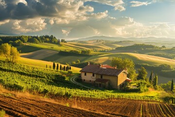Fototapeta premium A picturesque countryside with fields and a farmhouse, AI generated
