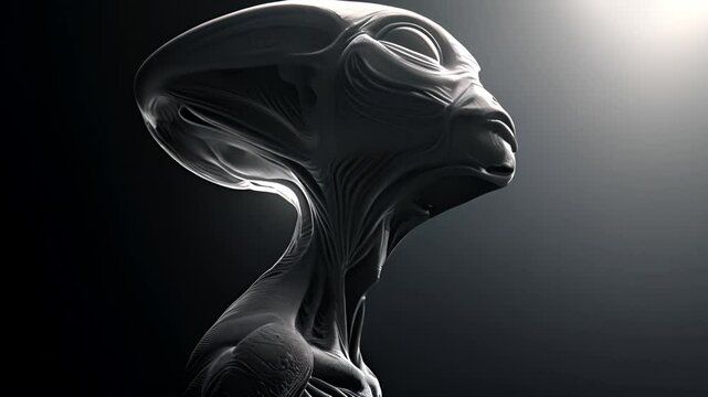 4k video of a Alien from space, Close Up Video Of An Alien looks up to the light. sci-fi black background mystery