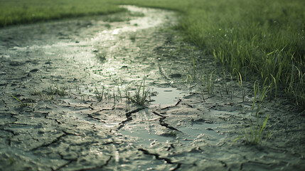 The meadow that was once full of green grass is now transformed into a dry, sun-baked field. This transformation is an expression of the growing problem of global warming.