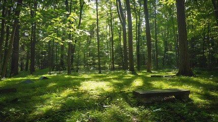 Morning in the forest with sunbeams passing through the trees