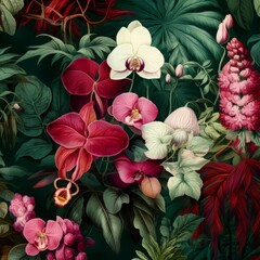 Fototapeta premium Vibrant tropical flowers in full bloom against a dark background. Colorful and detailed image capturing the beauty of nature. Perfect for adding a tropical touch to your designs.