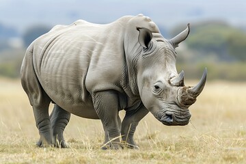 Obraz premium Photo of an African white rhino standing on the ground, looking at the camera, from the side. The rhino has a large body and grey skin. It has two large horns on its nose and is standing in an open gr