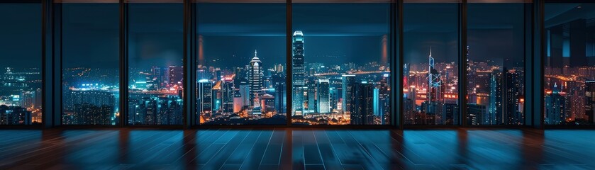Captivating nighttime cityscape view from a modern high-rise building, showcasing illuminated skyscrapers through floor-to-ceiling windows.