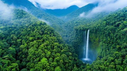Fototapeta premium Lush images of tropical rainforests, showcasing dense foliage, cascading waterfalls, and exotic wildlife.