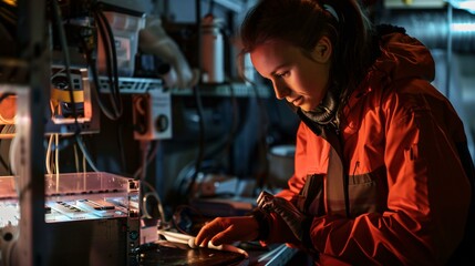 A female miner wearing a headlamp carefully examines a rock sample searching for precious minerals. Her analytical gaze shows her dedication to the job. 