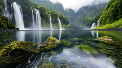 Fototapeta premium Lush images of tropical rainforests, showcasing dense foliage, cascading waterfalls, and exotic wildlife.