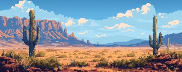 A pixel art rendition of a tranquil desert landscape with towering cacti, a shimmering mirage in the distance, and a lone cactus skeleton in the foreground.