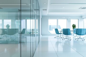 Modern glass office with white walls and light blue chairs, conference room on the right side of the frame