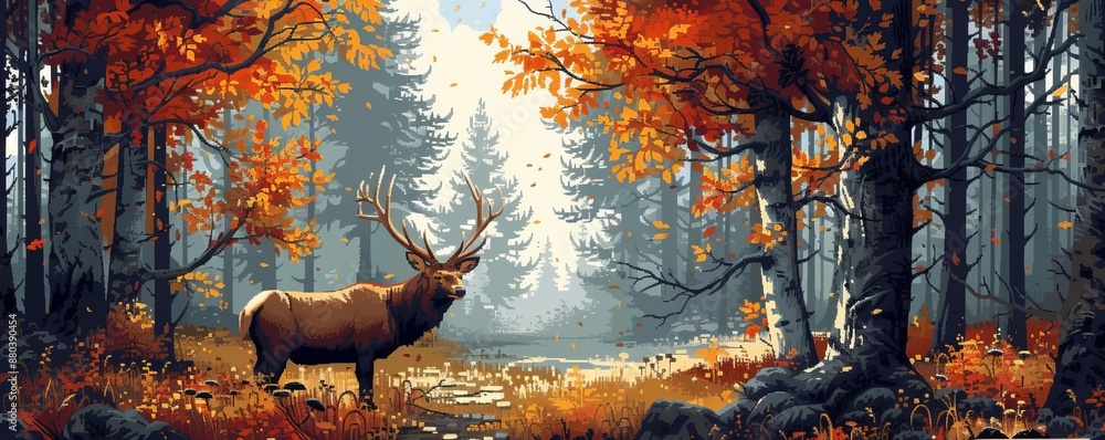 Poster pixelated forest teeming with pixelated wildlife exploring pixelated trees