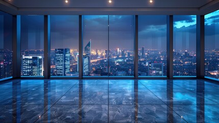 Spacious modern office with floor-to-ceiling windows offering a stunning panoramic view of a city skyline at night.