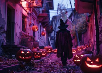 Halloween night on an old abandoned mystic street, pumpkins everywhere, witch in hat back view, Halloween backdrop