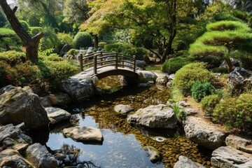 Fototapeta premium A Japanese zen garden with a small pond and bridge, AI generated