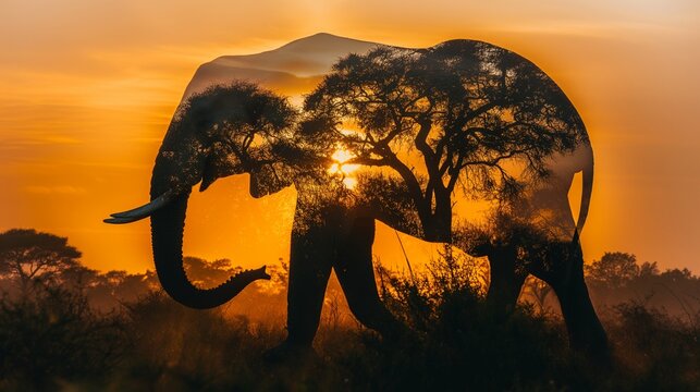 Wildlife Double Exposure, sunset, elephant wild in forest
