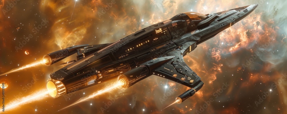 Aufkleber sleek spaceship soaring through nebula with glowing engines and reflecting stars