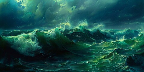 A painting of a stormy ocean with large waves.