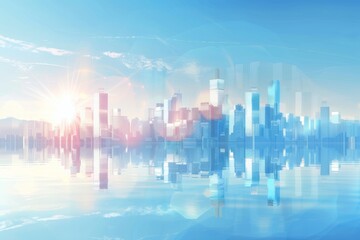 Fototapeta premium Futuristic smart city skyscrapers in financial district with sunlit reflections on blue background