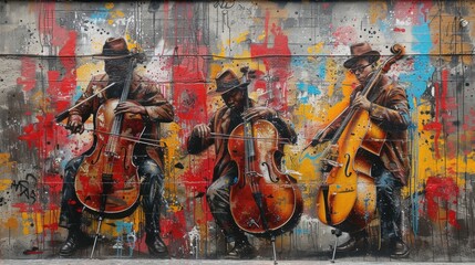 Street Art Mural of Three Musicians Playing Cellos