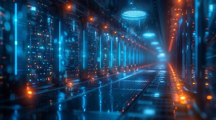 Futuristic Data Center with Blue and Orange Lights - Generative AI