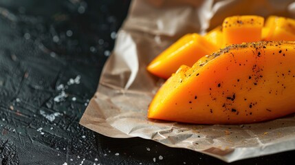 Ripe mango slice with spices on white paper against a black background with copy space free picture
