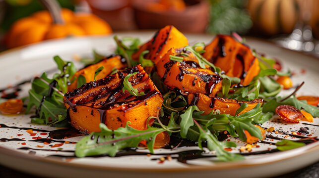A gourmet dish featuring roasted pumpkin cubes drizzled with balsamic glaze, served on a bed of fresh arugula, garnished with herbs and spices.