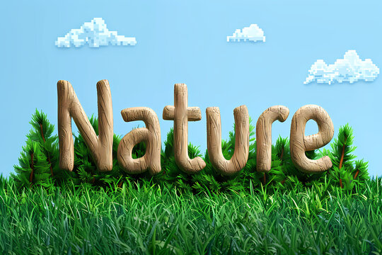 Digital "Nature" text in a pixelated, retro  font, with a background of an 8-bit natural