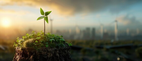 Young Green Plant Growing on Tree Stump with Wind Turbines in Background at Sunset